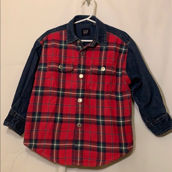 GAP Denim/Red Plaid Button Down shirt Boys Sz 4 - Picture 1 of 5
